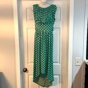 High low, bright green and white polka dot dress